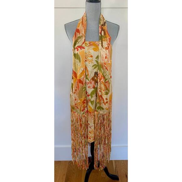 Farm Rio Leopard Forest Sand Mini Dress Multicolor Medium Halter Fringe Hem - Picture 2 of 9